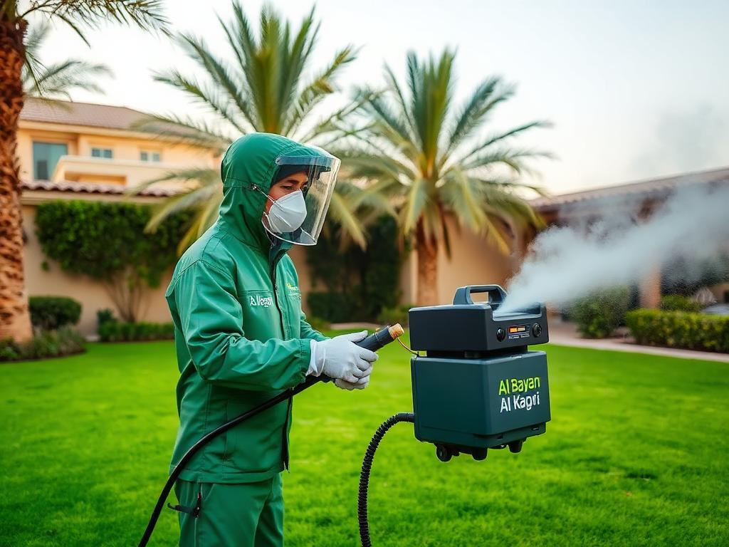 فني من البيان الكافي يرش الناموس في حديقة فيلا في دبي